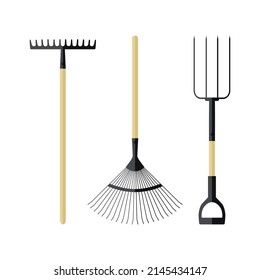 Set garden tools. Fan rakes, pitchforks and rakes in a simple flat style and color. Vector illustration isolated on a white background for design and web.