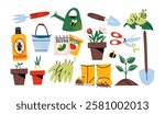 Set garden tools and farm equipment. Gardening and vegetable gardening, shovel, rubber boots, bucket, gloves. Everything for planting and harvesting in the garden. Cartoon stickers