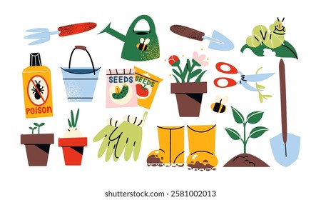 Set garden tools and farm equipment. Gardening and vegetable gardening, shovel, rubber boots, bucket, gloves. Everything for planting and harvesting in the garden. Cartoon stickers