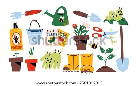 Set garden tools and farm equipment. Gardening and vegetable gardening, shovel, rubber boots, bucket, gloves. Everything for planting and harvesting in the garden. Cartoon stickers