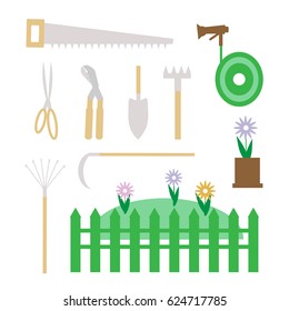 A set of garden tools, a fence and a lawn with flowers in flat design in vector.