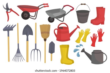  set of garden tools in a flat style isolated on a white background. Gardening and farming tools shovel, rake, pitchfork, broom,  watering can, rubber gloves, cart, boots, rubber boots, pruner