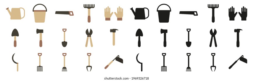 A set of garden tools in a flat style and silhouettes. Vector illustration of a rake, gloves, shovel, pruner and watering can.