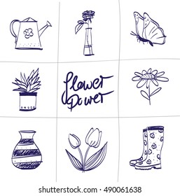Set of garden tools with flowers, rubber boots, butterfly and other things, hand-drawn. Vector sketch illustration.