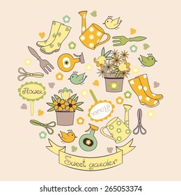Set with garden tools and flowers. Spring or summer pattern with cartoon garden accessories. Vector illustration.