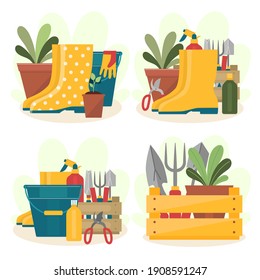 A set of garden tools. Four compositions with rubber boots, shovels, bucket, pruning shears, flower pot. Gardening concept. Vector illustration in cartoon style