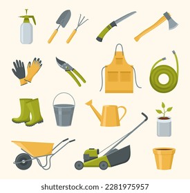 A set of garden tools. Gardening equipment and clothing. Vector illustration in flat style