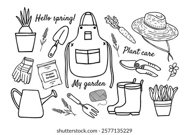 Set of garden tools. Gardening items are isolated on a white background. Doodles with a black pen. An apron and gloves for a gardener, a hat, a watering can, pruning shears, potted plants.