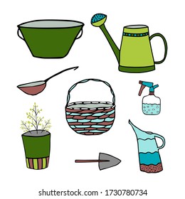 Set of garden tools for growing and irrigation plants. Watering can, bowl, spray-bottle, ladle, pot with flower, basket. Doodle style. Vector elements for design.