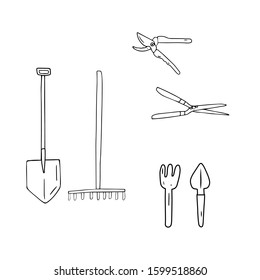 Set of garden tools. Hand drawing monochrome icon, outline style. shovel, rake, secateurs, clippers. badges. Agricultural work, landscape design. Gardening Tools. Rural life in vector illustration.