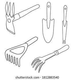 Set von Gartenwerkzeugen. Handgezeichnete Vektorgrafik einzeln auf weißem Hintergrund.
