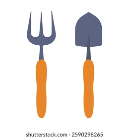 Set of garden tools. Hand planting fork and trowel. Vector.