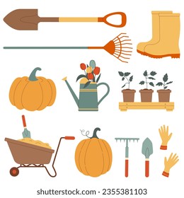 Set of garden tools for harvesting. Ripe pumpkin. Autumn farm collection. Shovel, rake, cart, watering can, rubber boots, gloves. Vector illustration