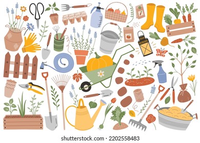 Juego de íconos de herramientas de jardín, dibujos de doodle de material de jardinería y granja, carretillas, secateurs, macetas de flores, colección de artículos agrícolas, clipart de color aislado sobre fondo blanco