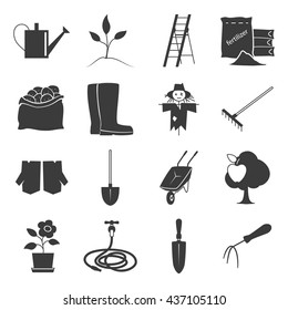 Set of Garden Tools, Icons Gardening Equipment ,  Silhouette Agricultural Tool , Vector Illustration