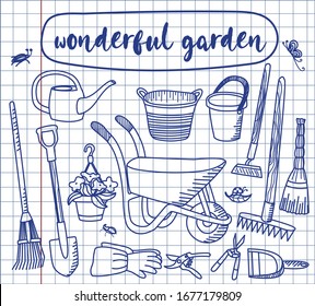 Set of garden tools. 
Inventory. A wonderful garden. Hand-drawn sketch on a notebook cell. Blue outline. Hatching. Vector and illustration.