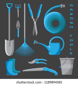 Set of garden tools isolated on dark background. Vector gardening equipment. Farming icon collection illustration.