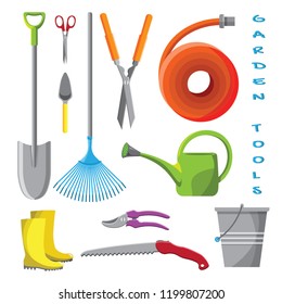 Set of garden tools isolated on white background. Vector gardening equipment. Farming icon collection illustration.