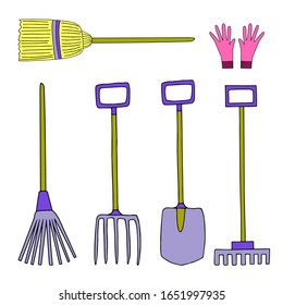 Set of garden tools isolated on a white background. Shovel, broom, rake, fork, leaf rake, work gloves. Vector doodle elements for design.