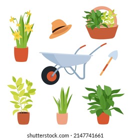 Set of garden tools isolated on white background. Bucket, wheelbarrow, shovel, watering can, plant in pot, hat. Stock vector illustration in simple flat style.