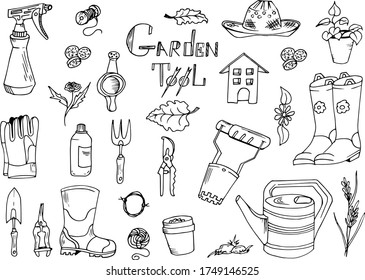 A set of garden tools items. Everything for gardening. Doodling drawing. Linear manual drawing. Vector graphics