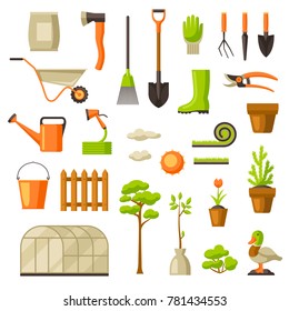 Set of garden tools and items. Season gardening illustration.