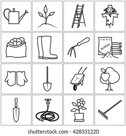 Set of Garden Tools, Line Icons Gardening Equipment , Agricultural Tool , Black and White Vector Illustration