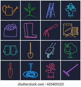 Set of Garden Tools, Line Icons Gardening Equipment , Agricultural Tool , Brightly Multicolored Icons on a Dark Background,  Vector Illustration