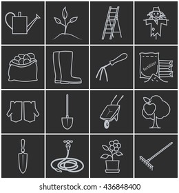 Set of Garden Tools, Line Icons Gardening Equipment , Agricultural Tool , Grey Icons on a Dark Background, Vector Illustration 