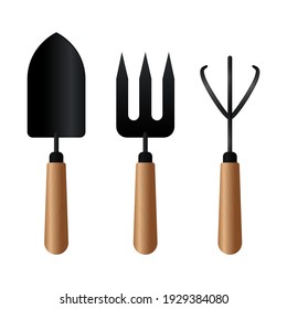 A set of garden tools made of black metal with wooden handles. Vector stock illustration isolated on a white background