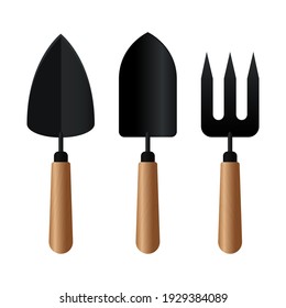A set of garden tools made of black metal with wooden handles. Vector stock illustration isolated on a white background