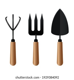 A set of garden tools made of black metal with wooden handles. Vector stock illustration isolated on a white background
