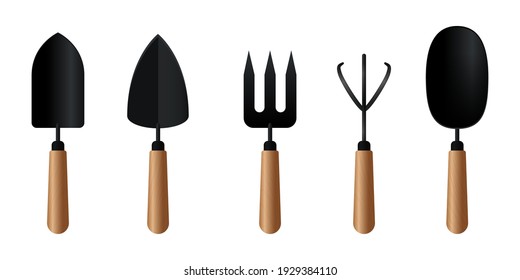 Un conjunto de herramientas de jardín de metal negro con mangos de madera. Ilustración de material vectorial aislada en fondo blanco