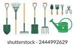 Set of garden tools made of metal, wood, plastic: rake, shovel, fan rakes, scoop, scissors, watering can. Cute vector illustration on white isolated background with textures.
