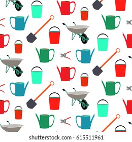 A set of garden tools and materials - seamless pattern. Vector illustration