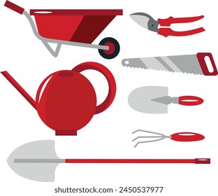 set of garden tools, namely a shovel, secateurs, a wheelbarrow, a rake, a saw and a watering can in red colors, for textile, printing or banners