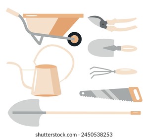 set of garden tools, namely a shovel, secateurs, a wheelbarrow, a rake, a saw and a watering can in light brown colors, for textiles, printing or banners