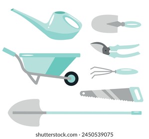 set of garden tools, namely a shovel, secateurs, a wheelbarrow, a rake, a saw and a watering can in pastel blue colors, for textile, printing or banners