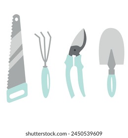 set of garden tools, namely a small spade, a saw, a secateur and a rake in blue colors, for posters, banners or packaging