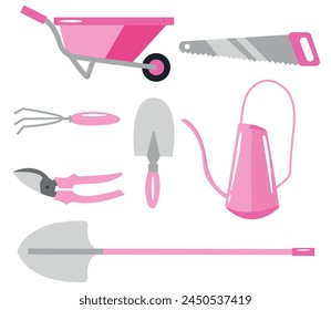 set of garden tools, namely a spade, secateurs, a wheelbarrow, a rake, a saw and a watering can in pastel pink colors, for textile, printing or banners