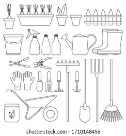  Set of garden tools on an isolated white background. Tools for farming. Flat design illustrations of objects without fill. Watering can, shovel, bucket, gloves, etc. Vector and stock illustration.