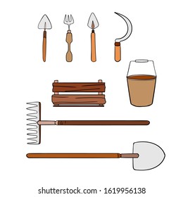 Set of garden tools on white isolated background. Sickle, hoe, rake, shovel, bucket, trowel, wooden box. Doodle.