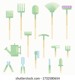 Set of garden tools on a white background: shovel, pitchfork, rake, fan rake, pickaxe, mop, long rake, watering can, hoe, nippers, indicator, knife, dagger, trident,