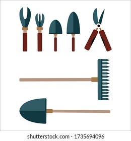 Set of garden tools on a white background. Red-beige-blue gamma. Isolated vows of the most popular items in the horticultural and plant growing season. Vector graphics.