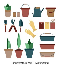 Set of garden tools on a white background. Red-beige-blue gamma. Isolated vows of the most popular items in the horticultural and plant growing season. Vector graphics.
