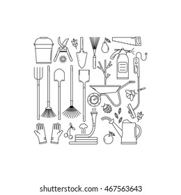 Set of garden tools on white background. Isolated working equipment. Line style icons.