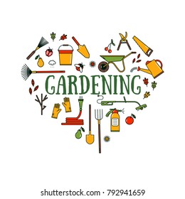 Set of garden tools on white background. Colored working equipment. Line style icons.