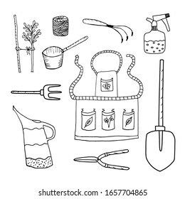 Set of garden tools. Outlines vector isolated elements for design. Watering can, spray bottle, apron, shovel, fork, landle, rope, hand cultivator, plant with support. 