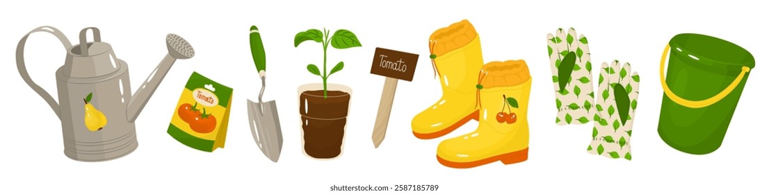 Set of garden tools for planting seedlings. Growing organic products. Agricultural work. Vector illustration isolated on transparent background.