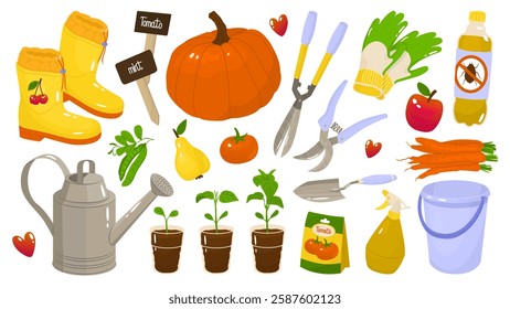 Set of garden tools for planting seedlings. Growing organic products. Farm vegetables and fruits. Agricultural work. Vector illustration isolated on transparent background.